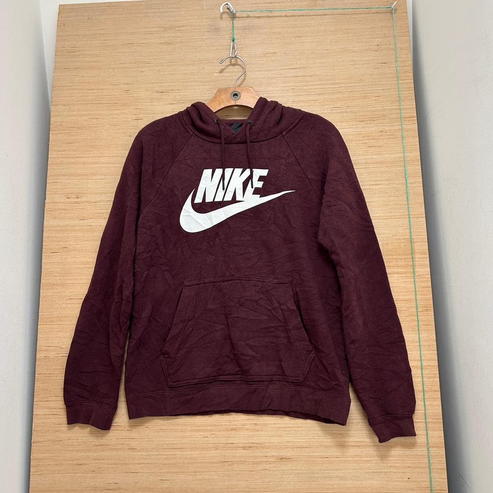 Nike Sportswear Essential Pullover Hoodie Burgundy Maroon White Logo Small